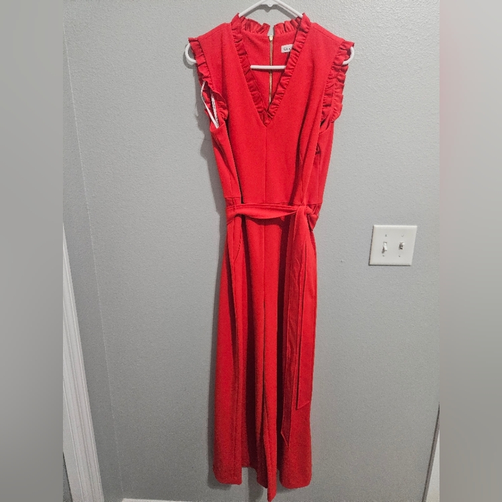 Calvin Klein Red Ruffled Tie Front Jumpsuit